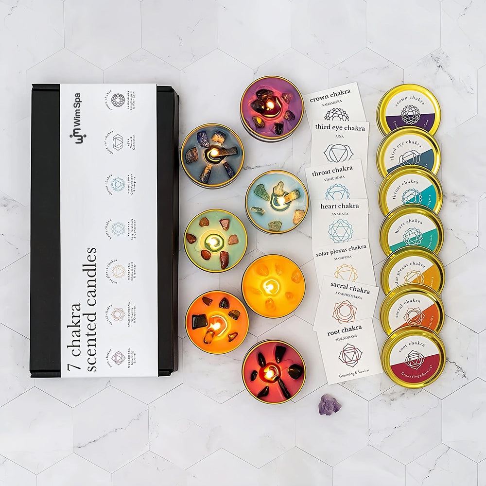 Chakra Duftkerzen Set mit Kristallen (7er Set)