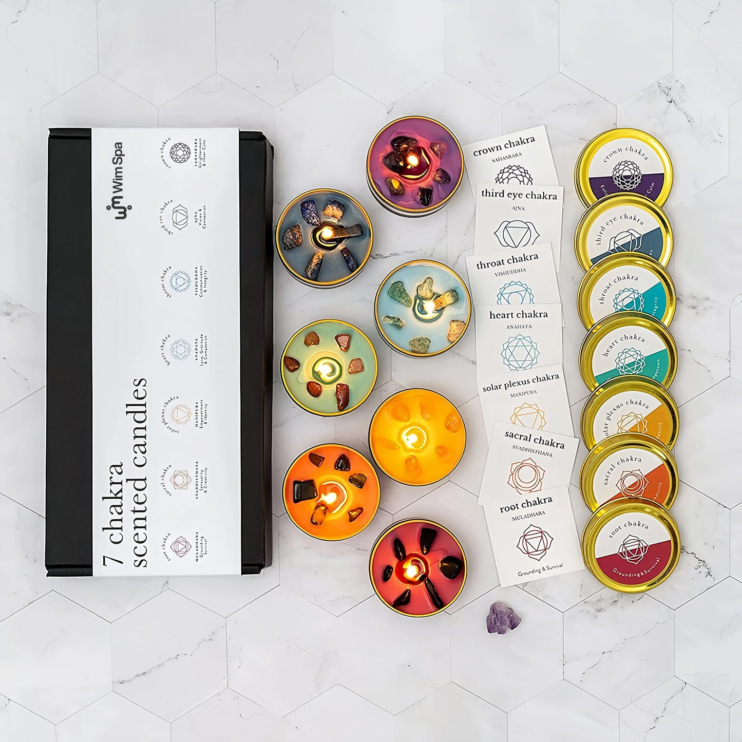 Chakra Duftkerzen Set mit Kristallen (7er Set)